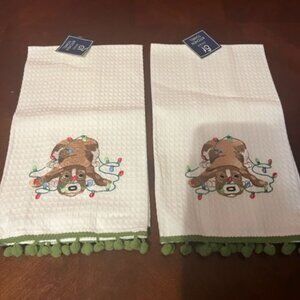 C & F‎ Home Dog-Themed Christmas Kitchen Towels With Green Pom-Pom Trim Set Of 2